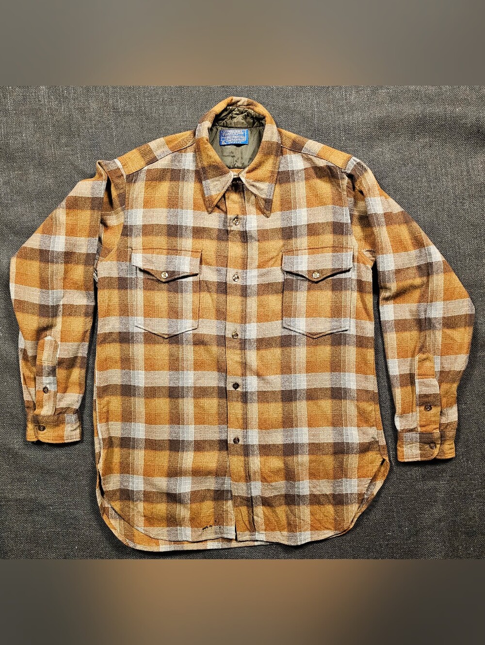 Vintage Pendleton Sz L Brown Plaid Flannel Shirt Jacket Mirrored Amber Buttons